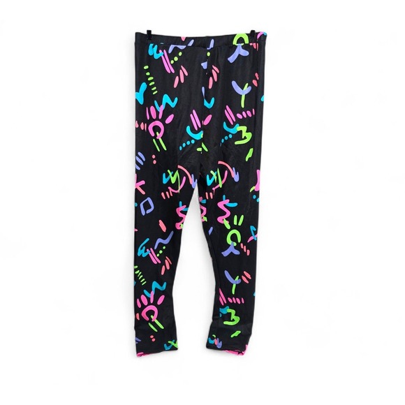 Pants - Vintage 80s Black Abstract‎ Retro Print Leggings Stretch Pants Pink Purple Black